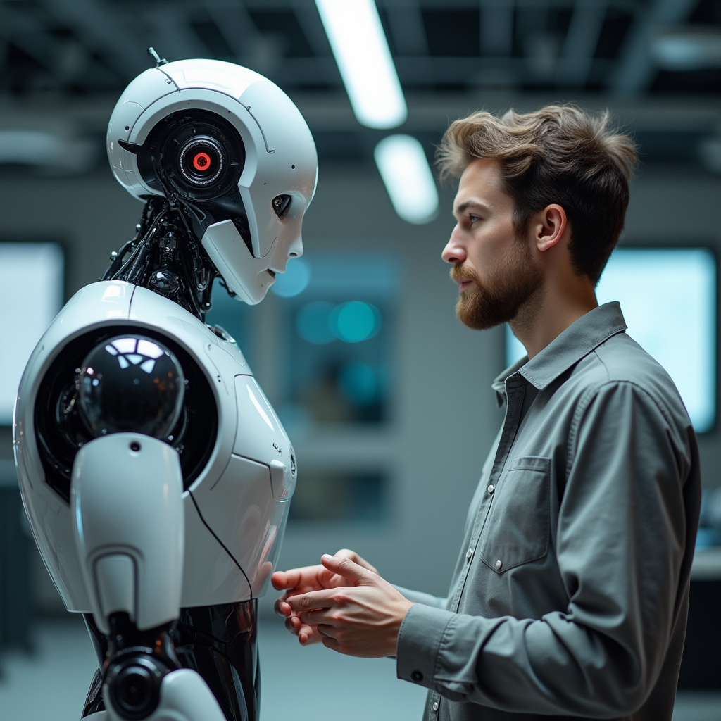 Optimus Gen 2 robot showcasing its advanced AI capabilities in a futuristic laboratory setting, with holographic displays showing complex algorithms and data patterns