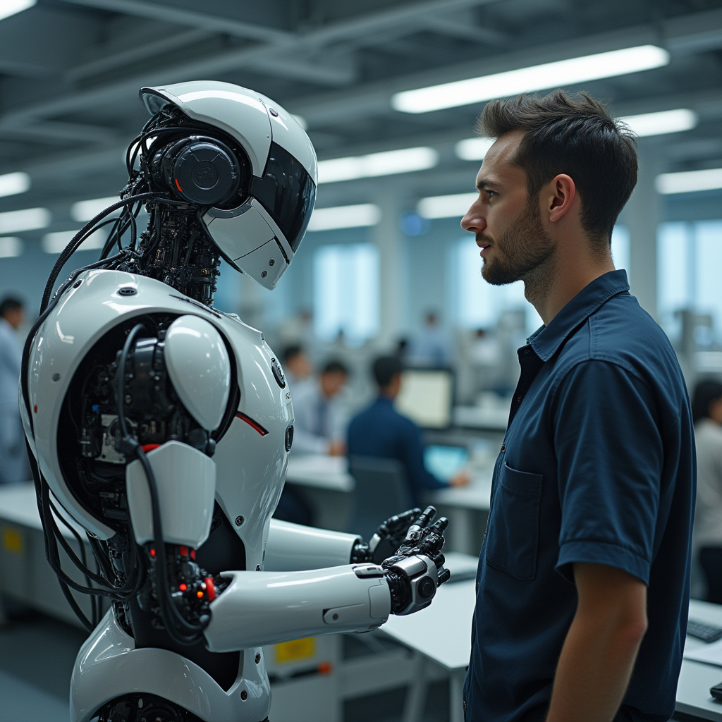 Optimus Gen 2 robot interacting with humans in a factory setting, showcasing its advanced capabilities and raising ethical questions
